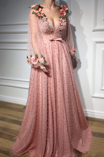 3D Flowers Long Sleeve Pink Prom Dresses Pearl Beaded V Neck Formal Dress HZ1023